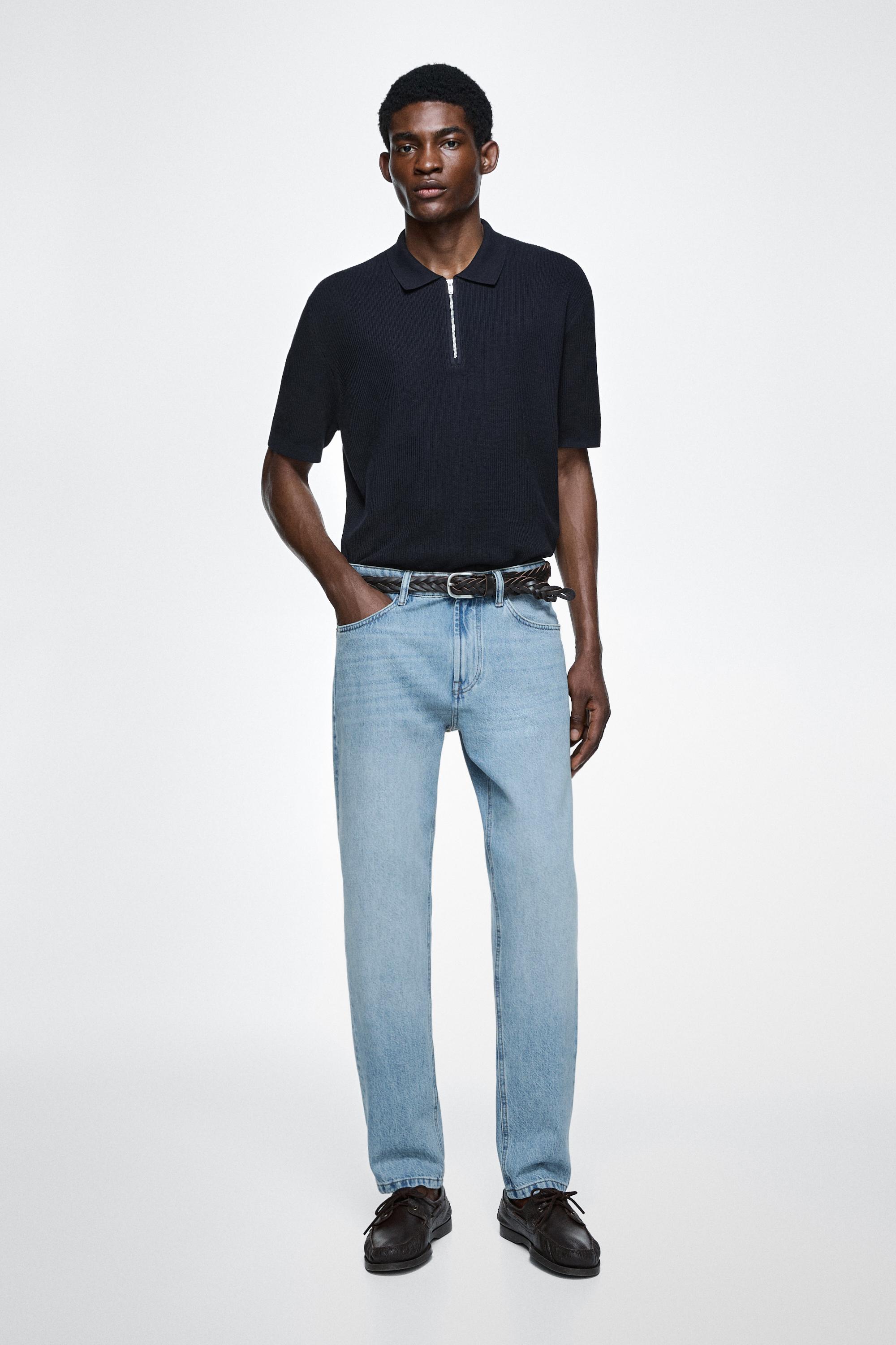 Bleach washed tapered fit jeans